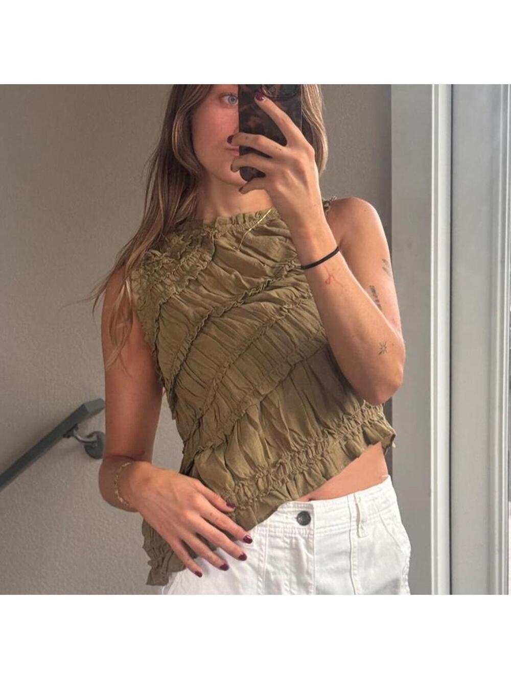 Free People NWT Olive green asymmetrical top #ruffle #cropped